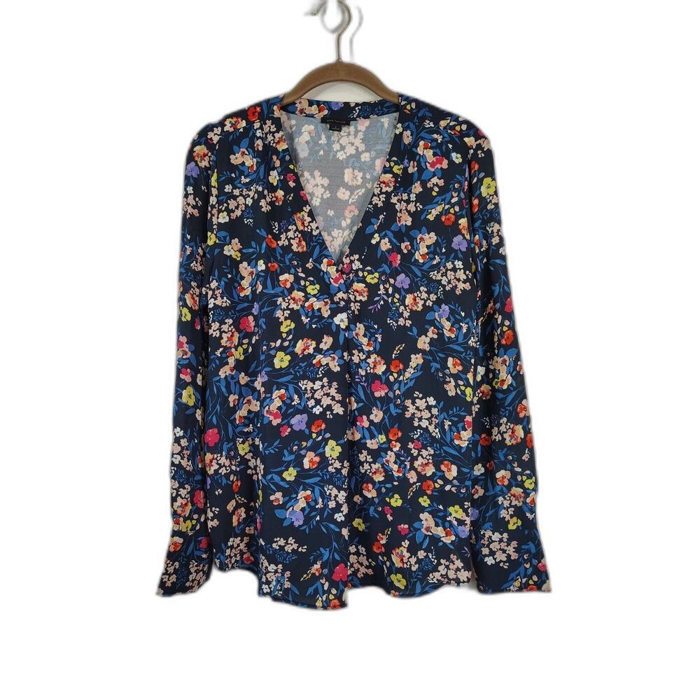 Ann Taylor Floral Blouse Small Navy V-Neck Long Sleeve Career Casual Top - Picture 2 of 7